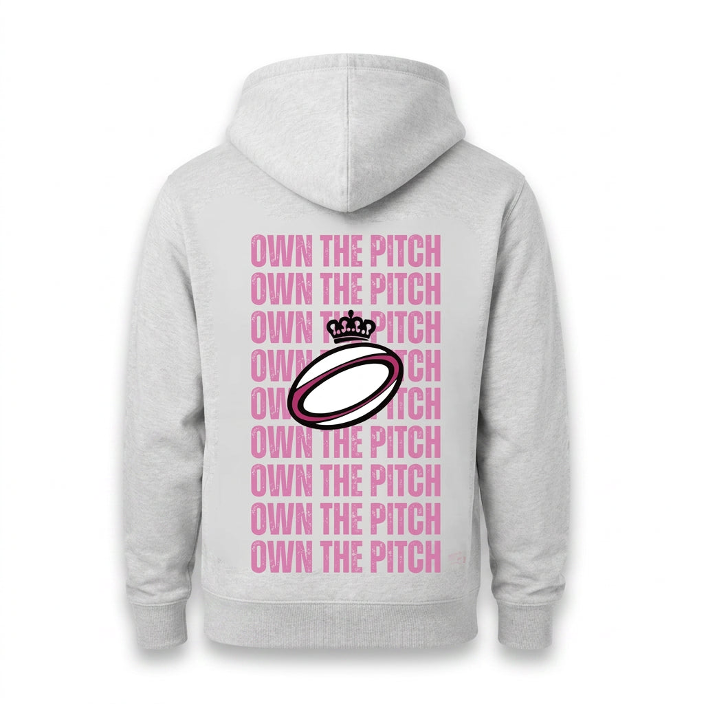 Own The Pitch Hoodie — Heather Grey back with both sleeves fully visible