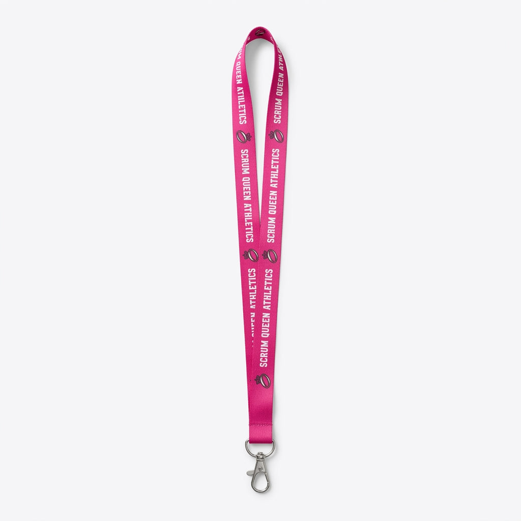 Pink Scrum Queen Athletics lanyard on white background