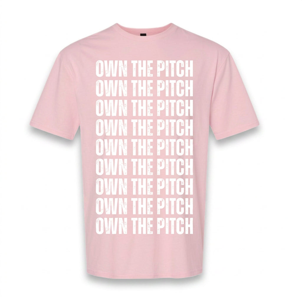 Own The Pitch Repeat Tee — Pink back with both sleeves fully visible