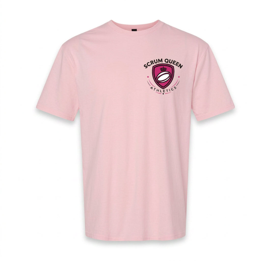 Own The Pitch Repeat Tee — Pink front with both sleeves fully visible
